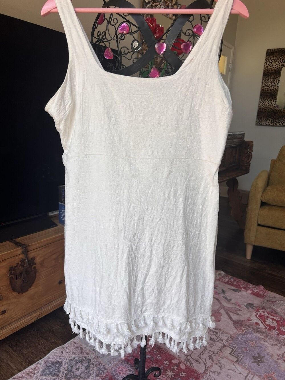 Lulus Fringe Dress Womens XL White Linen Feel The Sunshine Tassel Hem Mini Dress